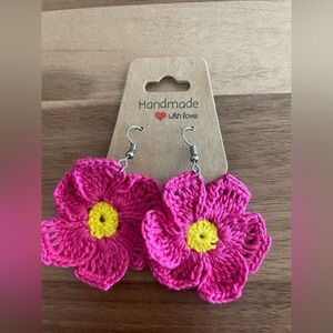 Handmade Crochet Pink Floral Earrings,Lightweight,Spring or Summer,Cotton Thread